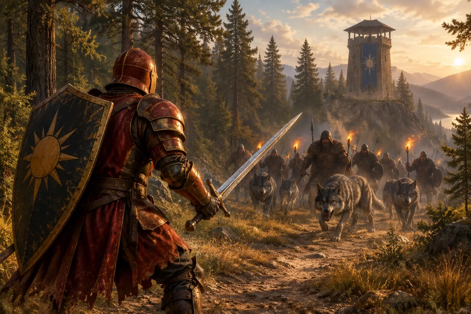 Original illustration of a red-and-gold knight facing wolves on a forest path