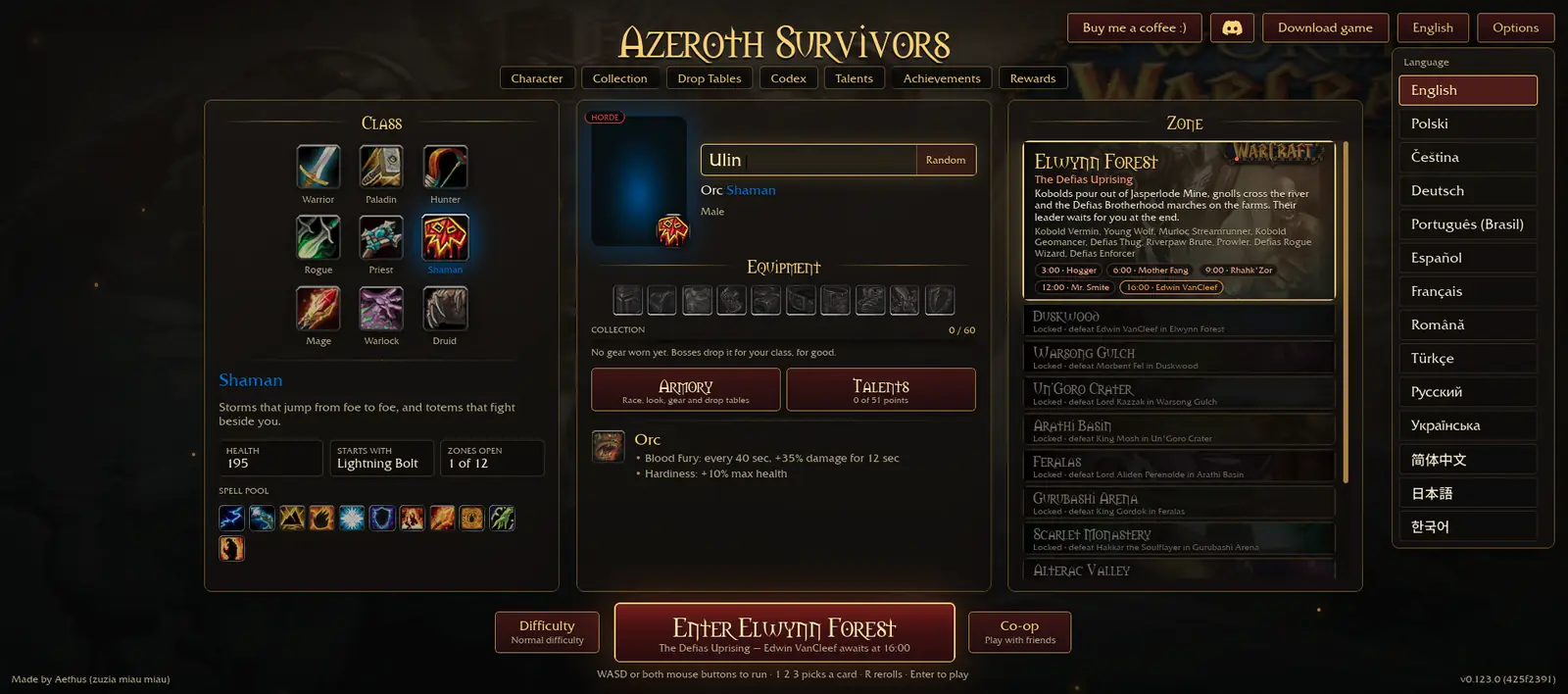 Official language menu listing 14 languages including Korean and Simplified Chinese