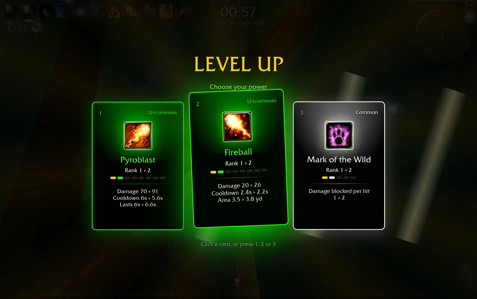 Community rebuild level-up screen with three upgrade cards