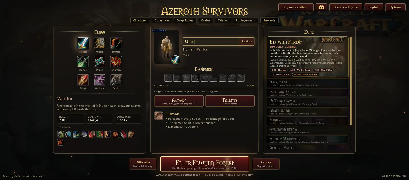 Official Azeroth Survivors character menu showing Warrior at 230 HP on 28 October 2026