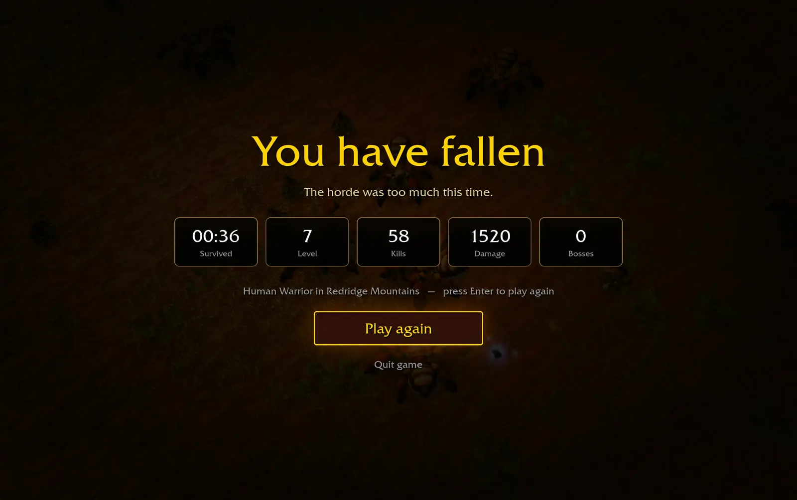 Community rebuild results screen with gold statistics