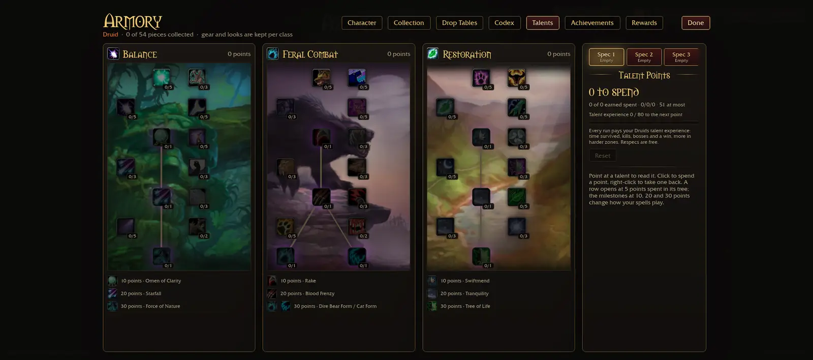 Official Druid talent screen with Balance, Feral Combat, and Restoration
